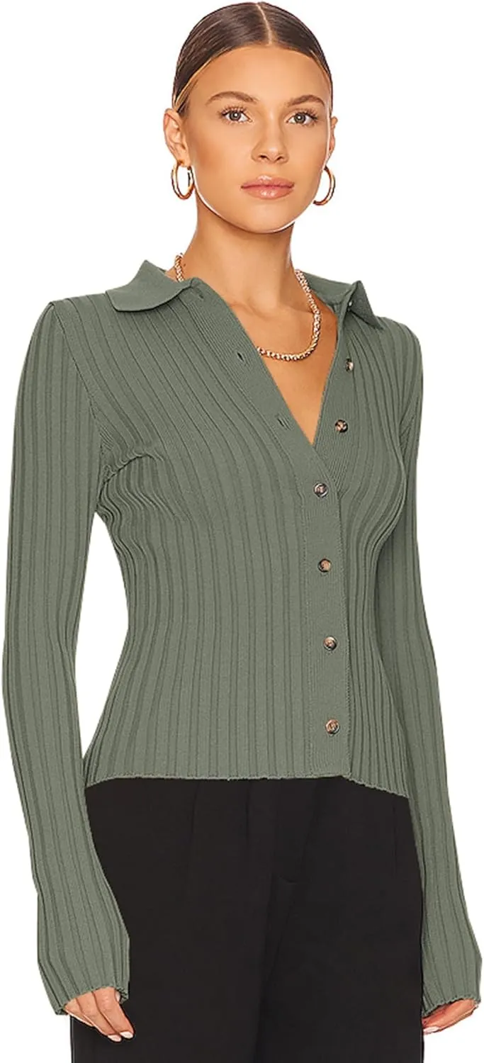 ZAFUL Women's V Neck Button Down Ribbed Sweater Cardigan Long Sleeve Polo Collar Slim Knitted Pullover