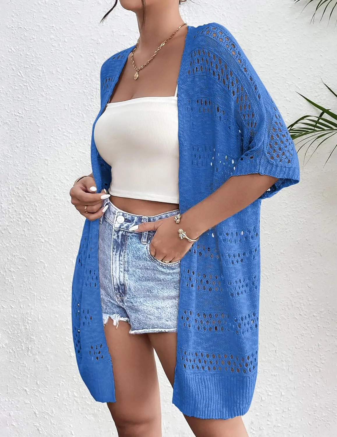 Zeagoo Lightweight Summer Crochet Cardigan for Women Short Sleeve Kimono Boho Oversized Open Front Knitted Cardigan