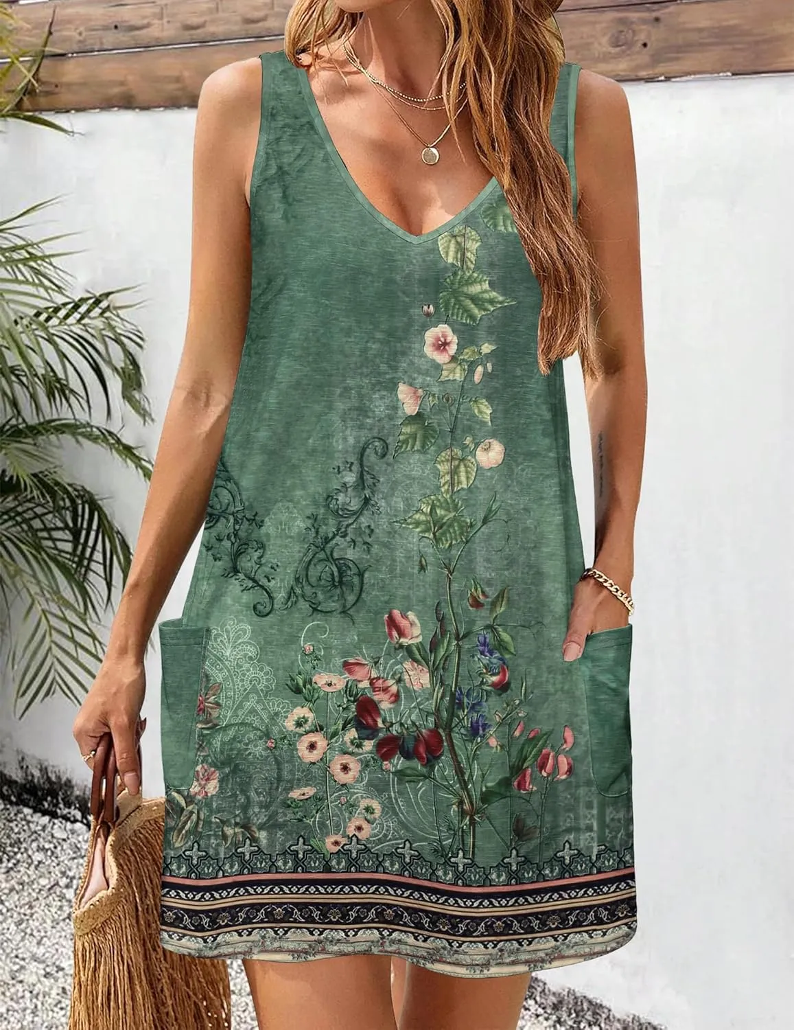 Zeagoo Womens Summer Dress 2025 Loose V Neck Sleeveless Sundresses Swimsuit Coverup with Pockets Floral Tank Dresses