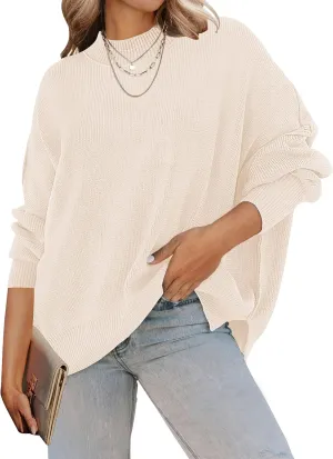ZESICA Women's Fall Casual Long Sleeve Crew Neck Side Slit Oversized Ribbed Knit Pullover Sweater Tops