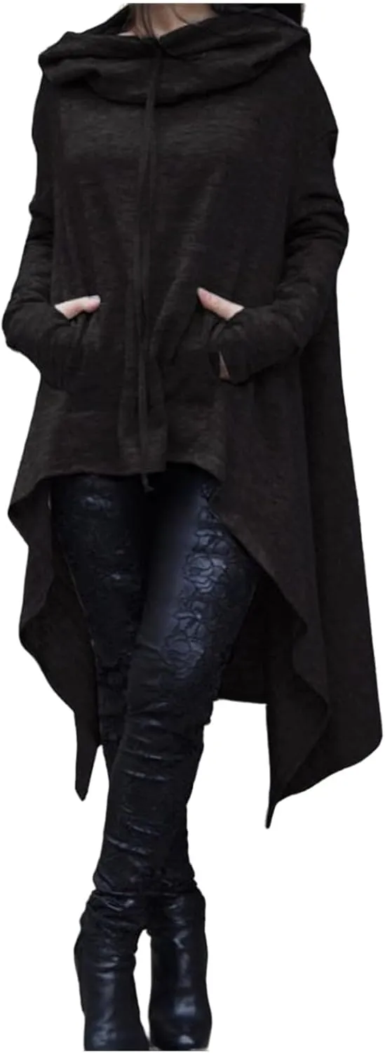 ZWRXW Long Sleeve Sweatshirts for Women Irregular Hem Long Hoodies Black Cloak Tunic Tops Cloak with Hood